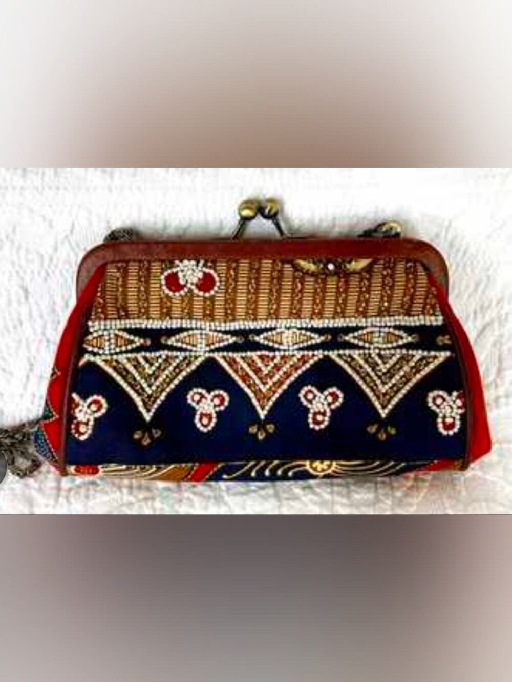 Isabella Fiore Navy and Rust Beaded Clutch with Chain Strap